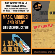 Load image into Gallery viewer, 1ManArmy 1:48 Supermarine Spitfire Mk I/II Maintenance Stencils High-Definition Paint Masks