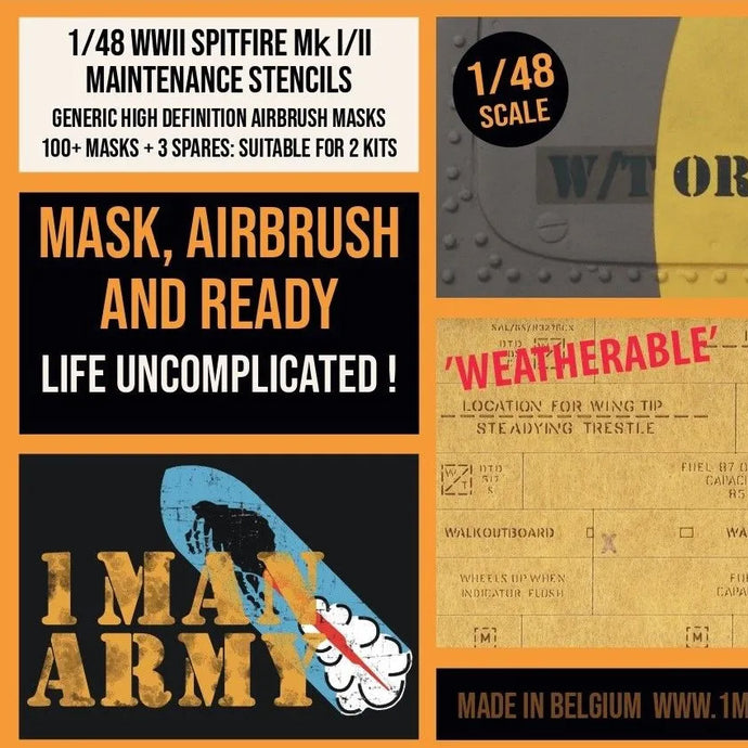 1ManArmy 1:48 Supermarine Spitfire Mk I/II Maintenance Stencils High-Definition Paint Masks