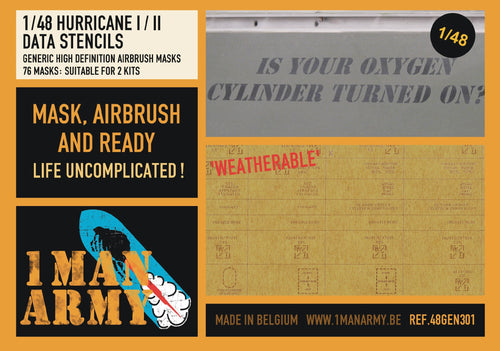 1ManArmy 1:48 Hawker Hurricane Mk I/II Maintenance Stencils High-Definition Paint Masks