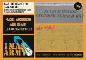 1ManArmy 1:48 Hawker Hurricane Mk I/II Maintenance Stencils High-Definition Paint Masks